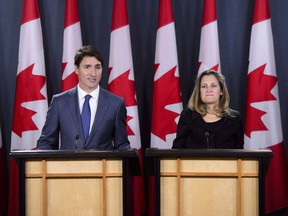 Prime Minister Justin Trudeau and Minister of Foreign Affairs Chrystia Freeland hold a press conference regarding the United States Mexico Canada Agreement in Ottawa.