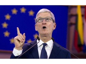 Apple CEO Tim Cook speaks during a data privacy conference at the European Parliament in Brussels, Wednesday, Oct. 24, 2018.