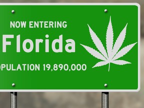 Florida highway sign with marijuana leaf