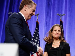 U.S. Trade Representative Robert Lighthizer and Canadian Foreign Affairs Minister Chrystia Freeland shake hands during the NAFTA negotiations.