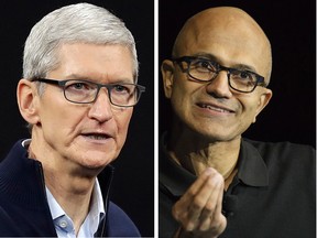 Apple Inc CEO Tim Cook, left, and Microsoft Corp CEO Satya Nadella are battling it out for the title as the world's most valuable publicly traded company.