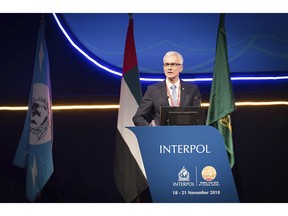 In this Sunday, Nov. 18, 2018 photo made available by INTERPOL, Jürgen Stock, Secretary General of Interpol, speaks on the opening day of the 87th International Criminal Police Organisation's General Assembly, in Dubai, United Arab Emirates. Kosovo's bid to join Interpol failed on Tuesday during a vote at the body's annual general assembly, dealing a blow to the country's efforts to boost recognition of its statehood. (Interpol via AP)