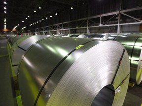 Rolls of coiled coated steel at Stelco, where tariffs have been offset by Canada's retaliatory tariffs on U.S. producers.