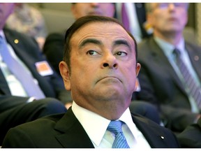 FILE - In this Oct. 6, 2017, file photo, former Nissan Motor chariman Carlos Ghosn attend a media conference outside Paris, France. Japanese prosecutors said Thursday they will detain former Nissan Motor chairman Carlos Ghosn for as long as needed to finish their investigation into suspicions of financial irregularities, as meanwhile the Renault-Nissan-Mitsubishi alliance reaffirmed its partnership.