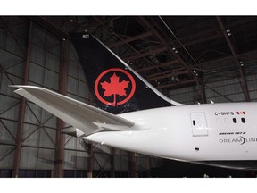The tail of the newly revealed Air Canada Boeing 787-8 Dreamliner aircraft is seen at a hangar at the Toronto Pearson International Airport in Mississauga, Ont., on February 9, 2017.