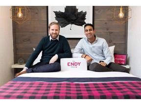 Endy CEO Mike Gettis, left, and chairman Rajen Ruparell are shown in this undated handout photo. Sleep Country Canada Holdings Inc.'s $88.7 million purchase of Canadian mattress start-up Endy won't mean the two will be amalgamated or that the legacy brand will cease selling products from Endy's bed-in-a-box retailer competitors. Toronto-based Sleep Country said Friday that the two will operate separately and that Sleep Country won't abandon selling the Bloom mattress-in-a-box that it launched in May 2017.
