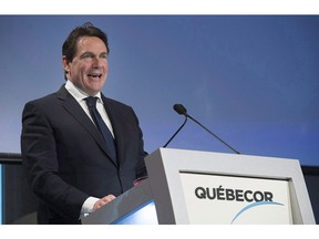 Quebecor President and CEO Pierre Karl Peladeau speaks at the company's annual general meeting in Montreal, Thursday, May 11, 2017. Quebecor Inc. is reporting that profits dropped by nearly one-fifth in the third quarter.