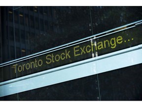 A Toronto Stock Exchange ticker is seen at The Exchange Tower in Toronto on Thursday, August 18 2011.