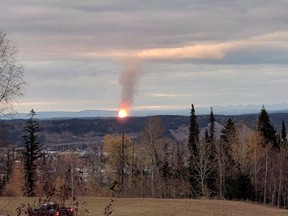 A pipeline has ruptured and sparked a massive fire north of Prince George, B.C. is shown in this photo provided by Dhruv Desai. Oil and gas producer Painted Pony Energy Ltd. says its fourth-quarter production will drop by 20 per cent because of the explosion and subsequent reduced capacity of a natural gas pipeline in B.C.