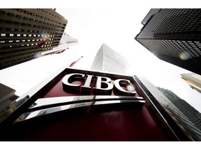 A CIBC sign is shown in the financial district in Toronto on August 22, 2017.
