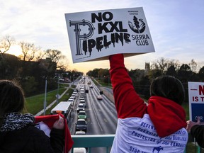 Opponents of the Keystone XL pipeline demonstrate in Omaha, Neb. last year. A federal judge in Montana has blocked construction of the $8-billion Keystone XL pipeline to allow more time to study the project's potential environmental impact.