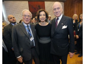 Governing Board Chair of the World Jewish Congress David de Rothschild, left, UNESCO'S Director-General Audrey Azoulay, center, and Word Jewish Congress President Ronald S. Lauder arrive for the presentation of the website to counter Holocaust denial and anti-Semitism at the UNESCO headquartered in Paris, France, Monday, Nov. 19, 2018. The UN's culture and education agency is teaming up with the World Jewish Congress to launch a website to counter Holocaust denial and anti-Semitism.