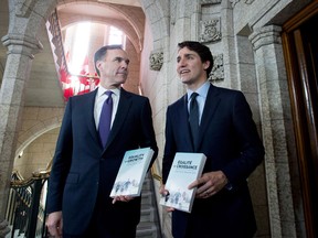 Finance Minister Bill Morneau walks with Prime Minister Justin Trudeau before tabling the budget in the House of Commons on Parliament Hill in Ottawa on Tuesday, Feb. 27, 2018. Bill Morneau will present a fiscal update on Wednesday.