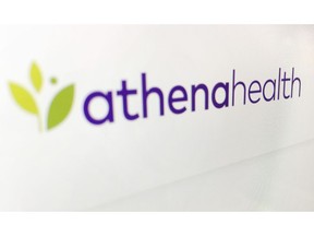 A logo for athenahealth is displayed on a computer Monday, Nov. 12, 2018, in New York. Athenahealth shares soared Monday after the struggling medical billing software maker received a $5.7 billion cash buyout offer.