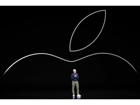 FILE- In this Sept. 12, 2018, file photo Apple CEO Tim Cook discusses the new Apple iPhones and other products at the Steve Jobs Theater during an event to announce new products in Cupertino, Calif. Apple Inc. reports earnings Thursday, Nov. 1.