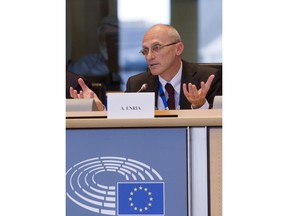FILE - In this Monday, Sept. 26, 2016 file photo, Chairperson of the European Banking Authority Andrea Enria speaks at a hearing of the European Chairs of the Supervisory Authorities at the European Parliament in Brussels. The European Central Bank's leadership has nominated financial regulator Andrea Enria for the job of top EU banking supervisor. Enria was nominated Wednesday, Nov. 7, 2018 by the central bank's governing council to succeed Daniele Nouy as head of the single supervisory mechanism.