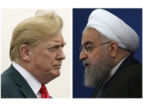 COMBO - This combination of two pictures shows U.S. President Donald Trump, left, on July 22, 2018, and Iranian President Hassan Rouhani on Feb. 6, 2018.  The Trump administration is announcing the reimposition of all U.S. sanctions on Iran that had been lifted under the 2015 nuclear deal.  The Trump administration is announcing the reimposition of all U.S. sanctions on Iran that had been lifted under the 2015 nuclear deal. (AP Photo)