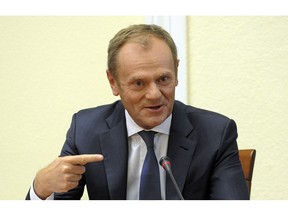 President of the European Council Donald Tusk testifies before a parliamentary investigation commission, in Warsaw, Poland, Monday, Nov. 5, 2018. The commission is investigating a pyramid scheme that cheated thousands of Poles out of their savings during Tusk's time as Poland's prime minister.