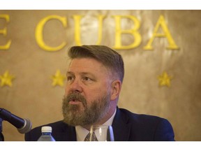 Member of the U. S. House Representatives from Arkansas Rick Crawford speaks to reporters during a U.S. - Cuba Agriculture Coalition press conference at the Hotel Nacional in Havana, Cuba, Thursday, Nov. 8, 2018. Entrepreneurs from the United States' agricultural sector have arrived in Cuba to promote business between the two countries.