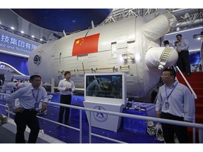 A model of Chinese module of space station is displayed during the 12th China International Aviation and Aerospace Exhibition, also known as Airshow China 2018, in Zhuhai city, south China's Guangdong province.