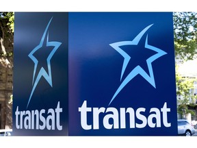 An Air Transat sign is seen on May 31, 2016 in Montreal.