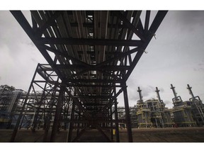 Pipes leading to a processing unit at Suncor Fort Hills facility in Fort McMurray Alta., on September 10, 2018.