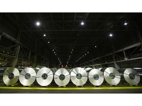 Rolls of coiled coated steel are shown at Stelco before a visit by the Chrystia Freeland, Minister of Foreign Affairs, in Hamilton on June 29, 2018. Sales were up in four of seven subsectors, representing about 68% of total wholesale sales. The machinery, equipment and supplies, and the personal and household goods subsectors contributed the most to the gains in October, while the motor vehicle and parts subsector posted the largest decline.