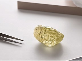 A 552-carat yellow diamond unearthed in October at the Diavik Diamond Mine, approximately 217 kilometers south of the Arctic Circle in Canada's Northwest Territories is shown in this undated handout image. A Canadian mining firm says it has unearthed the largest diamond ever found in North America.