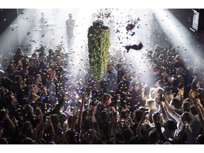 A depiction of a cannabis bud drops from the ceiling at Leafly's countdown party in Toronto on October 17, 2018, as midnight passes and marks the first day legalization of Cannabis across Canada.