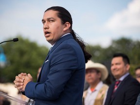 Khelsilem (Dustin Rivers), elected councillor and spokesperson for Squamish Nation responds to a Federal Court of Appeal ruling on the Kinder Morgan Trans Mountain Pipeline expansion, during a news conference in Vancouver on August 30, 2018. A Vancouver-area First Nation's decision to support the Woodfibre LNG project may have come as a surprise to some, considering the nation's role in helping to derail the Trans Mountain pipeline expansion earlier this year.