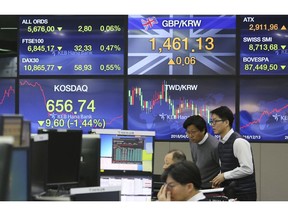 Currency traders watch monitors at the foreign exchange dealing room of the KEB Hana Bank headquarters in Seoul, South Korea, Monday, Dec. 17, 2018. Asian markets rose Monday on hopes that the Federal Reserve would re-evaluate its hawkish stance at a meeting later this week, following signs of slower global growth.