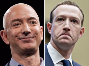 Amazon.com CEO Jeff Bezos, left, was 2018's biggest gainer for the second year running, while Mark Zuckerberg, right, saw the sharpest drop in 2018 as Facebook veered from crisis to crisis.