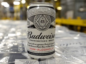 Non-alcoholic Budweiser beer brewed at Labatt's Brewery in London, Ont. Labatt parent AB inBev has teamed up with Tilray to research non-alcoholic cannabis infused drinks.