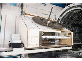 Orbital Sidekick's ISS-HEIST hyperspectral payload (silver rectangular box, right) integrated into the NanoRacks External Platform and awaiting deployment on the International Space Station. Credit: NanoRacks/NASA