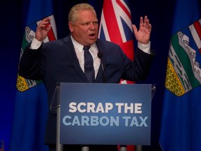 Ontario Premier Doug Ford speaks at an anti-carbon tax rally in Calgary in October.