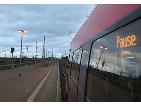 A train sits in the empty station in Nauen, west of Berlin, Germany, Monday, Dec. 10, 2018. The train traffic collapsed German-wide following a strike on Monday morning leaving thousands of commuters stranded.