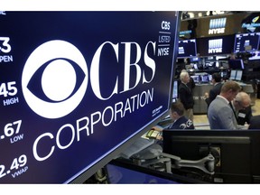 FILE - In this July 30, 2018, photo the logo for CBS Corporation is displayed above a trading post on the floor of the New York Stock Exchange. CBS says it has sold Television City, its Los Angeles headquarters and production facility, to a real estate developer for about $750 million.