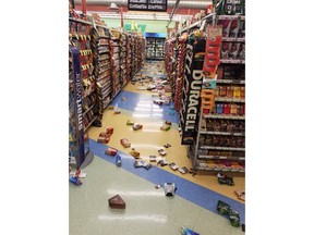 This photo provided by David Harper shows merchandise that fell off the shelves during an earthquake at a store in Anchorage, Alaska, on Friday, Nov. 30, 2018.  Back-to-back earthquakes measuring 7.0 and 5.8 rocked buildings and buckled roads Friday morning in Anchorage, prompting people to run from their offices or seek shelter under office desks, while a tsunami warning had authorities urging people to seek higher ground.    (David Harper via AP)