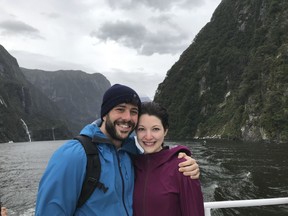 This Feb. 19, 2018 photo provided by Lila Kandel shows Lila and husband Aron while on a tour of Milford sound on the South Island of New Zealand during their honeymoon. Millennials are changing the traditional wedding registry and are forgoing the traditional china and crystal and asking guests to contribute instead to honeymoon adventures, charitable causes and more. (Lila Kandel via AP)