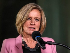 Alberta Premier Rachel Notley announces the mandatory cut in oil production to deal with a price crisis that is costing Canada an estimated $80 million a day, in Edmonton on Sunday.