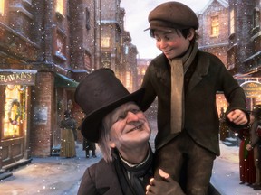 Scrooge and Tiny Tim in Christmas Carol's happy ending.