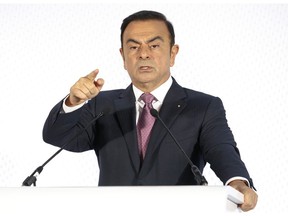 FILE - In this Feb. 12, 2015, file photo, Chairman and CEO of Renault-Nissan Carlos Ghosn addresses media during a press conference held in Paris. The board of French carmaker Renault SA plans to meet to choose new leadership to replace auto industry powerhouse Carlos Ghosn, fighting fraud charges in Japan.