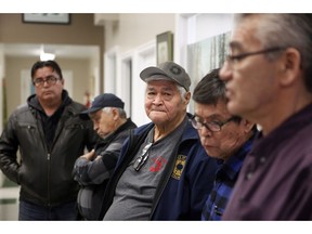Hereditary Chief Smogelgem, (left to right), Chief Warner Williams, Chief Madeek, Chief Hagwilneghl and Chief NaMoks speak to media following their meeting with RCMP members and Coastal GasLink representatives to discuss ways of ending the pipeline impasse on Wet'suwet'en land during meetings at the office of the Wet'suwet'en First Nation in Smithers, B.C., on Thursday, January 10, 2019.