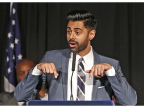 FILE - In this May 10, 2017 file photo, Muslim-American comedian Hasan Minhaj cracks jokes for the audience after New York Mayor Bill de Blasio proclaimed May 10th as "Hasan Minhaj Day," at Gracie Mansion, in New York. In December 2018, Netflix is facing criticism for pulling an episode, from viewing in Saudi Arabia of Minhaj's "Patriot Act" that lambasted Saudi Crown Prince Mohammed bin Salman over the killing of writer Jamal Khashoggi and the Saudi-led war in Yemen.