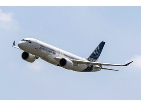An Airbus A220 lands at Toulouse-Blagnac airport, southwestern France, on July 10, 2018. Airbus SE broke ground Wednesday on the A220 aircraft assembly line at it facility in Mobile, Ala., the first step in a US$300-million construction project paid for by Bombardier Inc. That amount makes up a chunk of the US$925 million the Quebec plane-and-train maker could shell out by the end of 2021 under a partnership that saw Airbus to take control of the C Series -- now known as the A220 -- last July without paying a penny.