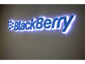 The Blackberry logo located in the lobby of the company's B building in Waterloo, Ont. on May 29, 2018.
