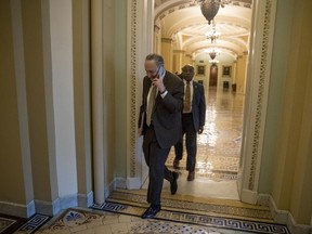 Senate Minority Leader Sen. Chuck Schumer of N.Y. arrives on Capitol Hill in Washington, Thursday, Jan. 24, 2019.