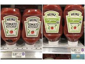 In this Wednesday, Jan. 16, 2019, combination photo, regular ketchup is shown for sale at $3.87 per bottle and organic ketchup is shown for sale at $5.85 per bottle at a grocery store in Doral, Fla. U.S. shoppers are still paying more for organic food, but the price premium is falling as organic options multiply.