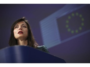 EU Commissioner for Digital Economy Mariya Gabriel talks to journalists during a joint news conference with EU Commissioner for Security Union Julian King at the European Commission headquarters in Brussels, Tuesday, Jan. 29, 2019. European Union authorities are urging Facebook, Google and Twitter to work harder to combat fake news ahead of upcoming bloc-wide parliamentary elections.