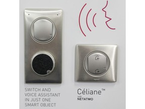 The Celiane voice assistant home switch is on display at the Legrand booth during CES Unveiled at CES International, Sunday, Jan. 6, 2019, in Las Vegas. The device is a switch installed in a home with built-in Alexa.